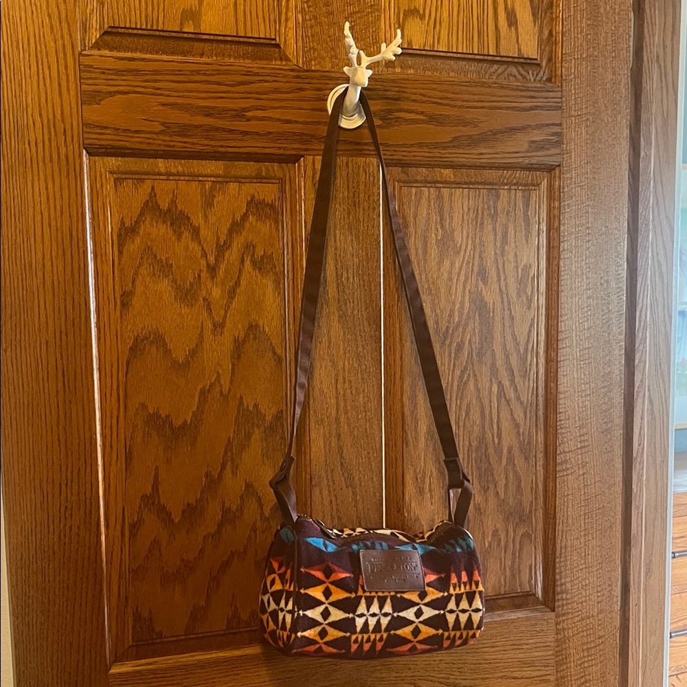 Pendleton Multicolor Geometric Wool Crossbody Bag with Brown Strap
